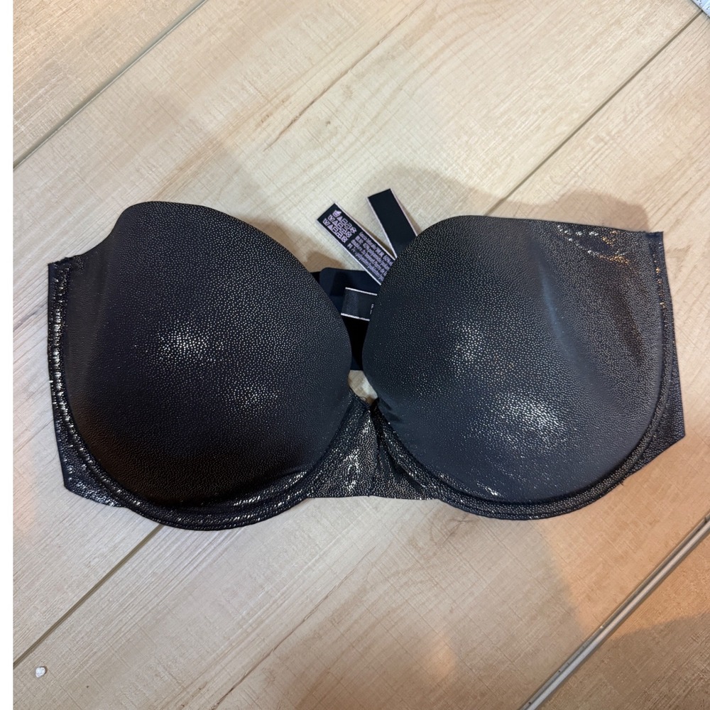 Victoria's Secret Strapless Bra Womens 32DD Black Gold Shimmer V-Logo